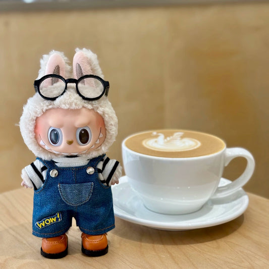 17cm Labubu Gen 1-3 Handmade Striped Denim Overalls Set | Vinyl/Plush-Compatible Clothes Only with Metal Buttons for Collectible Dolls