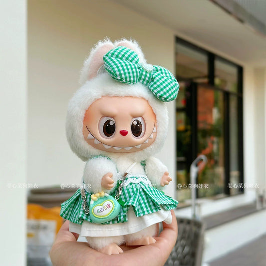 Labubu Sweet Plaid Dress Set - Green Skirt & Bow Outfit for Vinyl Doll Clothes