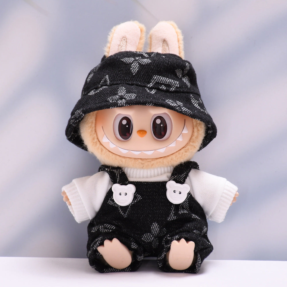 Labubu Series 1/2 Outfit - Printed Overalls & Hat for Keychain Doll Clothes Streetwear
