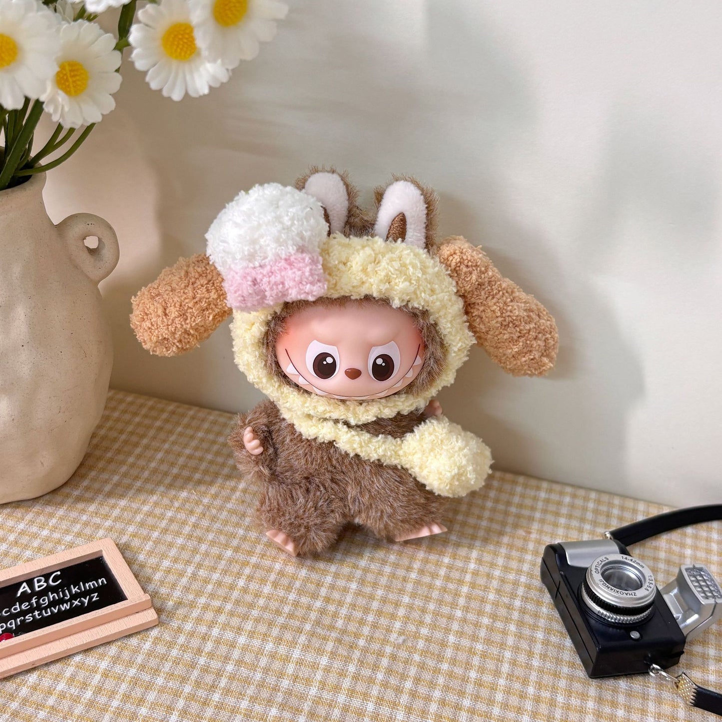 10.5cm Labubu 4th Gen Heart Code Collection Butter Bear Style Vinyl Outfit Set | 2-Piece Overalls & Bear Hat Replacement Clothes for Mini Keychain Charms