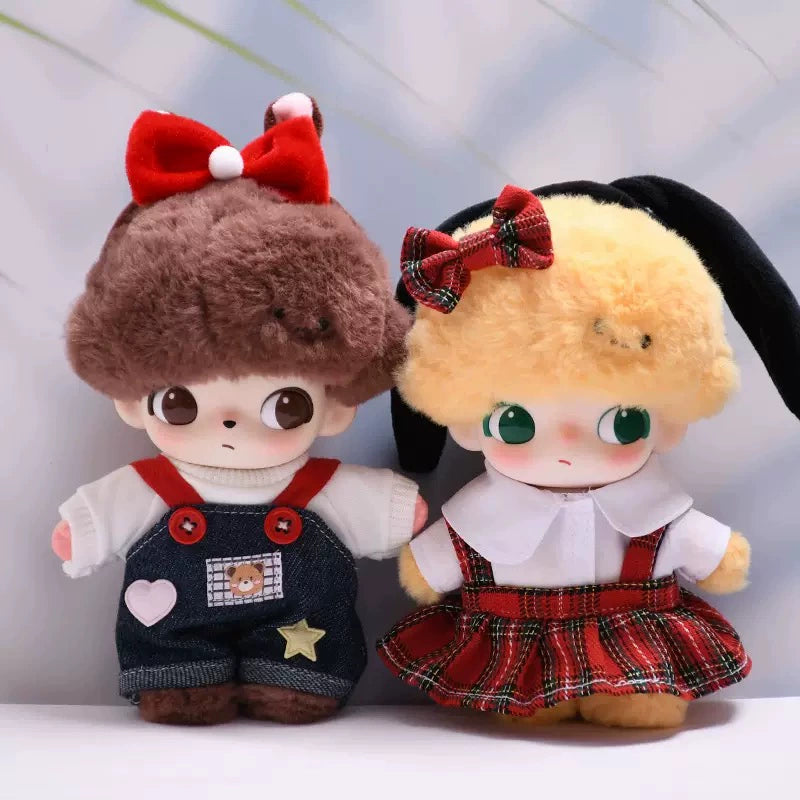 DIMOO WORLD Plush Keychain Doll Outfit - Star Denim Overalls & Red Bow Set for Labubu Doll Clothes