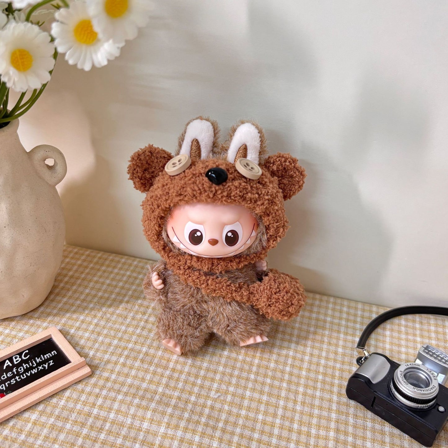 10.5cm Labubu 4th Gen Heart Code Collection Butter Bear Style Vinyl Outfit Set | 2-Piece Overalls & Bear Hat Replacement Clothes for Mini Keychain Charms