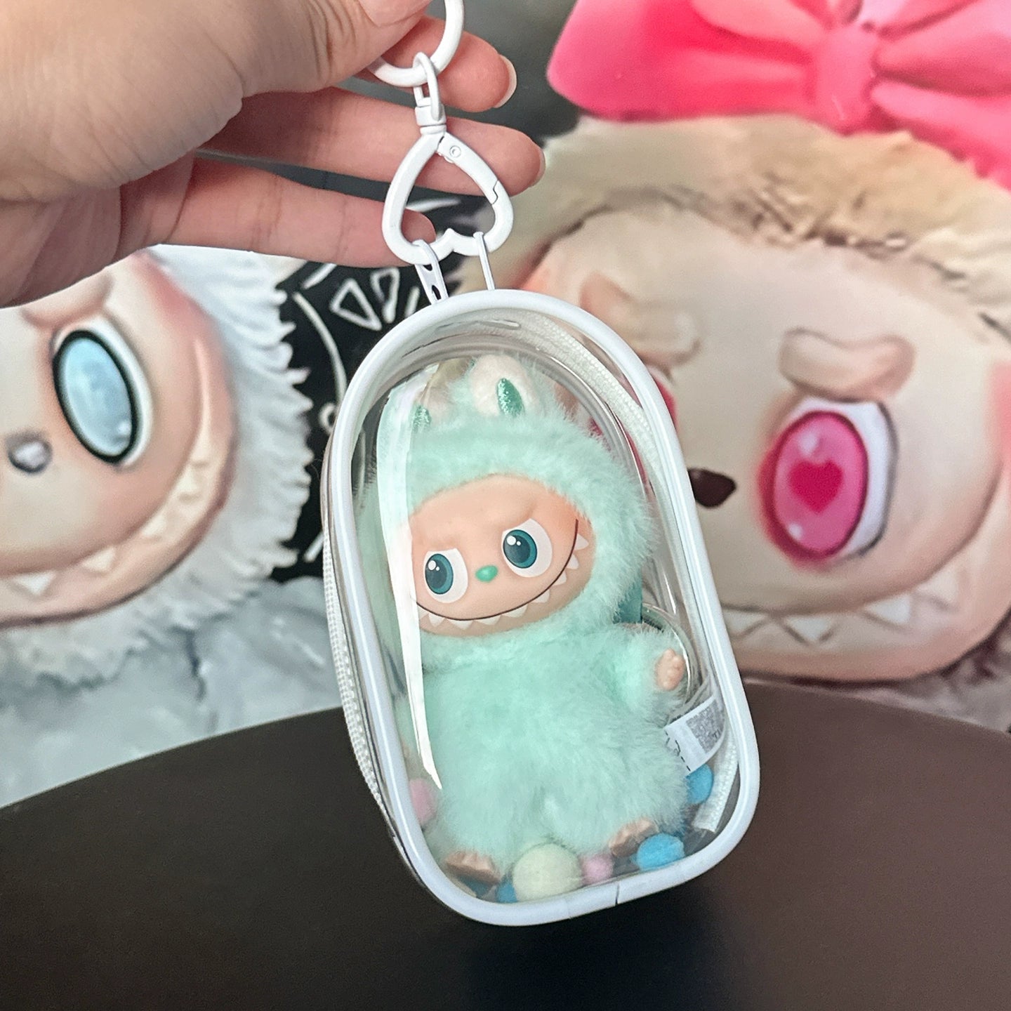 10.5cm Labubu 4th Gen Heart Code Collection Clear Acrylic Protective Case | Hard Shell Dust-Proof Collectible Carrier with Interior Pocket for Mini Keychain Charms
