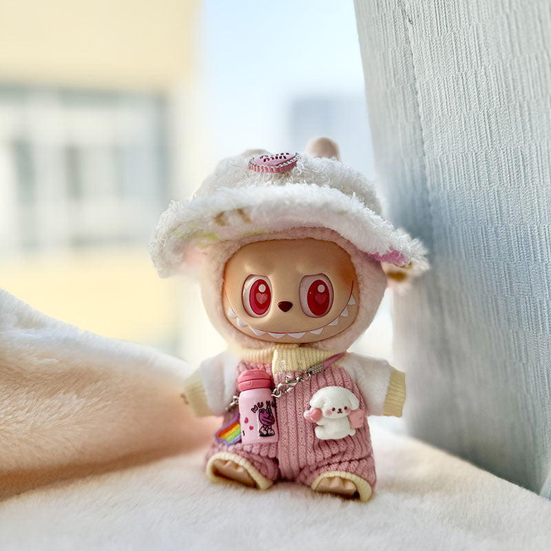 Labubu Series 1/2 Keychain Outfit - Heart Hat & Bottle Overalls Set for Doll Clothes