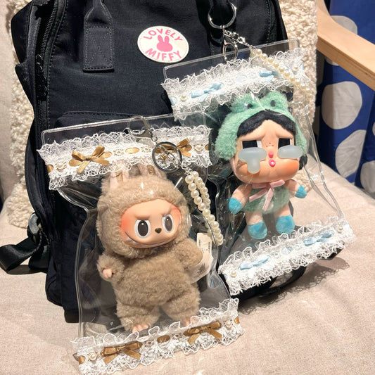 17cm Handmade Lace Doll Carrier - Clear Dustproof Bag for Hanging Display & Outdoor Use