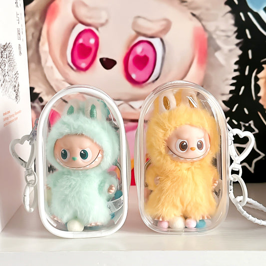 10.5cm Labubu 4th Gen Heart Code Collection Clear Acrylic Protective Case | Hard Shell Dust-Proof Collectible Carrier with Interior Pocket for Mini Keychain Charms