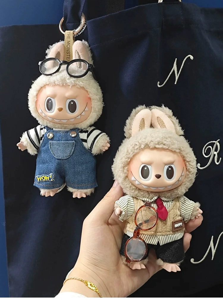 POP MART Labubu Doll Clothes - Striped Tee + Pocket Denim Overalls for Gen 1/2/3 Figures 17cm (No Doll Included)