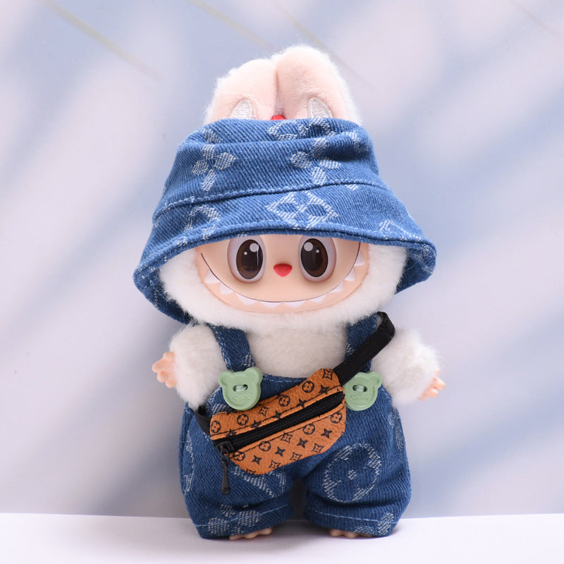 Labubu Series 1/2 Outfit - Printed Overalls & Hat for Keychain Doll Clothes Streetwear