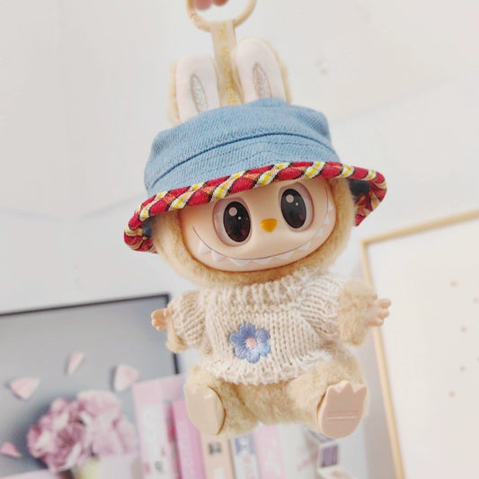 Labubu Series 1/2 Outfit - Denim Overalls w/ Red Blue Hat for Vinyl Doll Clothes