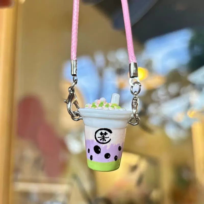 Resin Accessory: Mini Bubble Tea Cup Pendant, Tiny Doll Figurine, Miniature Doll Accessory & Cream-Colored Small Crossbody Bag