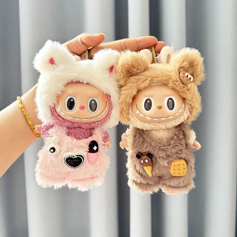 POP MART Labubu Doll Clothes - Teddy Bear Overalls Set for Gen 1/2 Vinyl Figures 17cm (No Doll Included) | Biscuit-Themed Blind Box Keychain Outfit