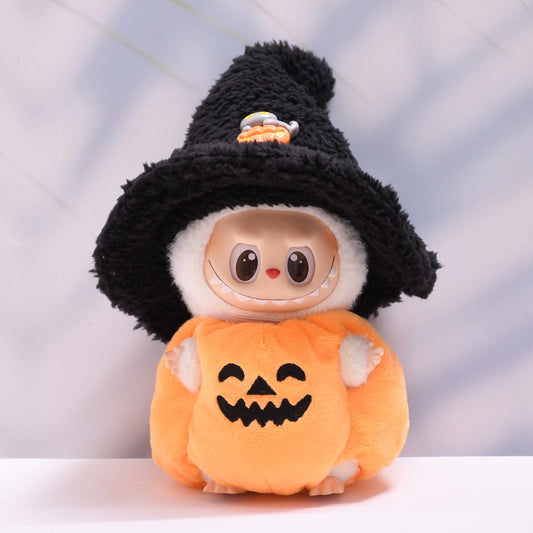 17cm Labubu 1st-2nd Gen Keychain Clothes Only | Halloween Pumpkin Costume Set with Black Witch Hat | Replacement Outfits for Vinyl Dolls
