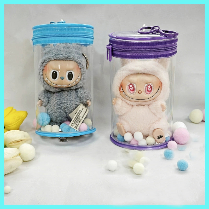 16cm Cotton Doll Mini Can Bag | Thickened Cylindrical Acrylic Case | High-Definition Transparent Dust-Proof Storage & Carry Bag for Dolls
