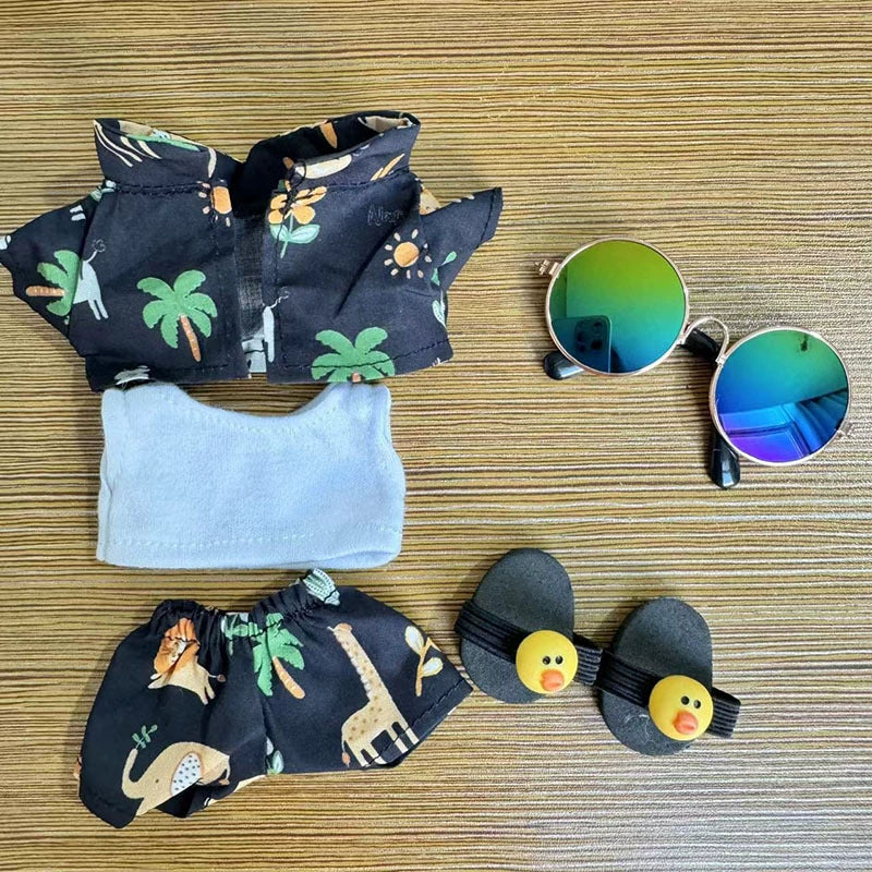 17cm Labubu Doll Clothes Only | Summer Coconut Tree Beach Outfit Set with Sunglasses (No Doll Included)