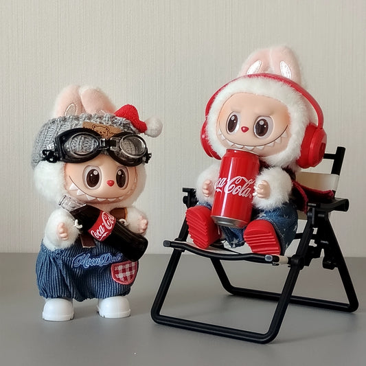 POP MART Labubu Sit-Sit Party Cola Outfit - Red Headphones + Denim Overalls + Red Boots for 17cm Figures (No Doll Included)