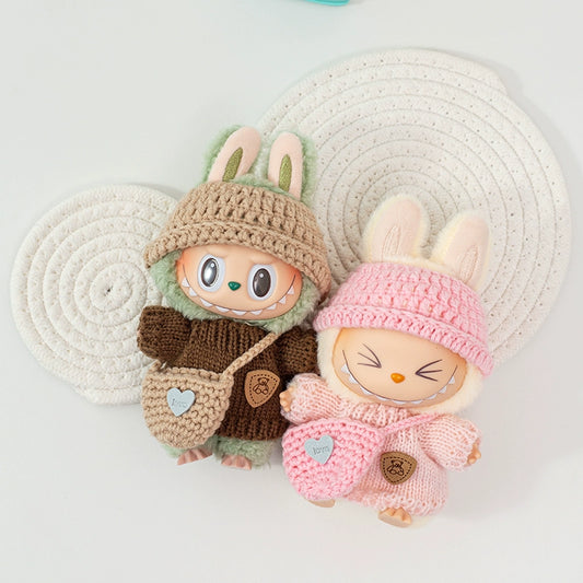 17cm Labubu Gen 1-3 Handmade Knit Sweater Set | Khaki Beanie + Cable-Knit Sweater + Detachable Heart Shoulder Bag | Vinyl/Plush-Compatible Clothes Only for Collectible Dolls