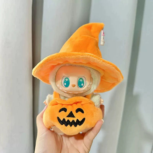 Labubu Pumpkin Costume Set - 17cm Jumpsuit with Oversized Witch Hat for Vinyl Dolls