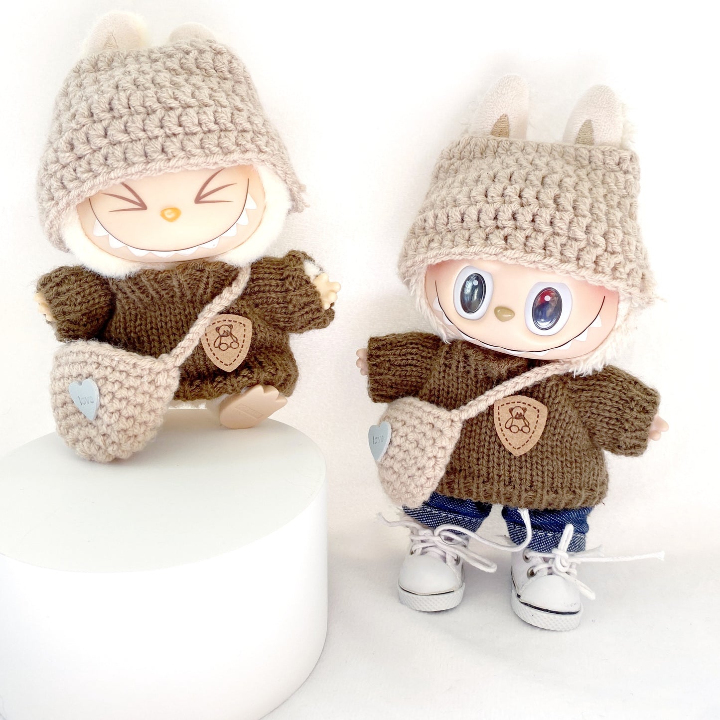 17cm Labubu 1st-3rd Gen Keychain Clothes | Brown Bear Sweater Set + Knit Top & Hat