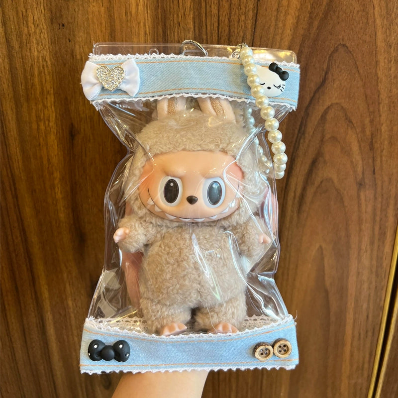 17cm Labubu Gen 1-3 Clear Acrylic Dust-Proof Display Case with Detachable Strap & Keychain Charm | Vinyl/Plush-Compatible Transparent Tote for Collectible Dolls & Accessories