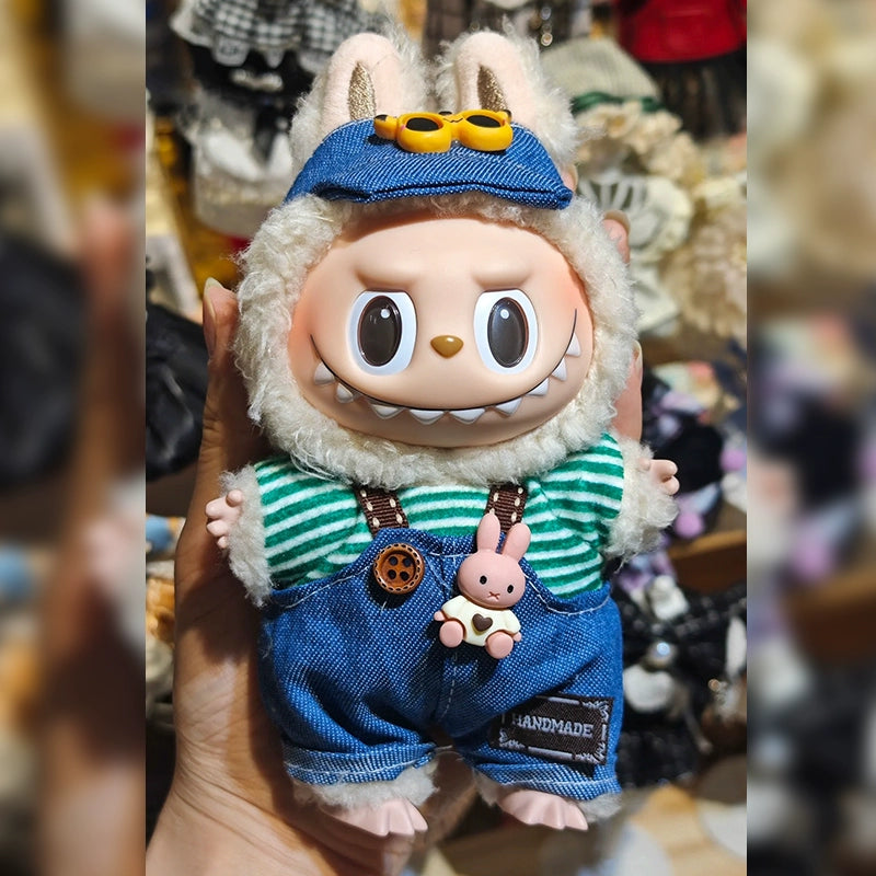 LABUBU CLOTHES, Denim Outfit Set for LABUBU - Cute Striped Tee & Overalls for POP MART Blind Box Plush Dolls