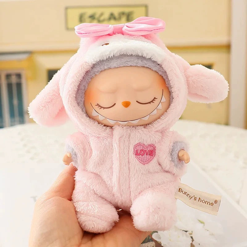 17cm Labubu Knit Outfit - Button Sweater & Hat Set for Plush Vinyl Keychain Doll