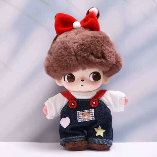 DIMOO WORLD Plush Keychain Doll Outfit - Star Denim Overalls & Red Bow Set for Labubu Doll Clothes