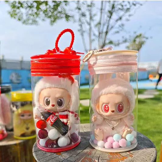 Labubu Doll Storage Bag - Red & Transparent Thick Canvas Cylinder Case
