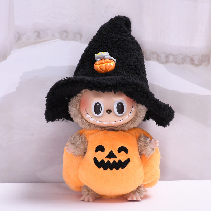 17cm Labubu 1st-2nd Gen Keychain Clothes Only | Halloween Pumpkin Costume Set with Black Witch Hat | Replacement Outfits for Vinyl Dolls