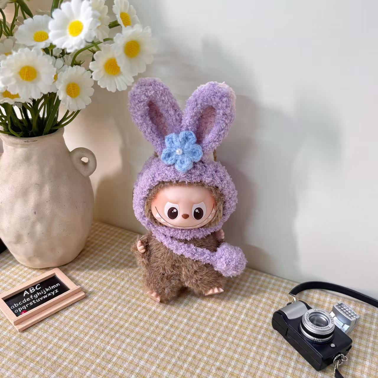 10.5cm Labubu 4th Gen Heart Code Collection Butter Bear Style Vinyl Outfit Set | 2-Piece Overalls & Bear Hat Replacement Clothes for Mini Keychain Charms