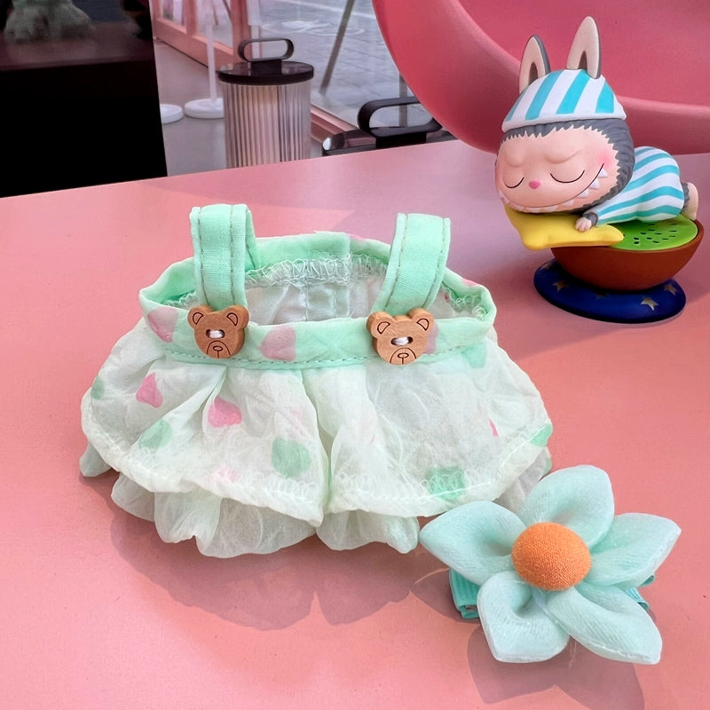 Labubu Have a Seat Series Summer Dress Set - for 17cm Plush Doll Tulle Dress & Floral Bonnet