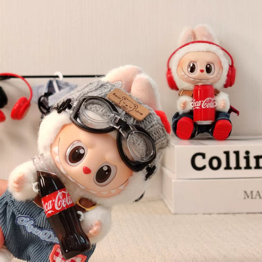 POP MART Labubu Sit-Sit Party Cola Outfit - Red Headphones + Denim Overalls + Red Boots for 17cm Figures (No Doll Included)