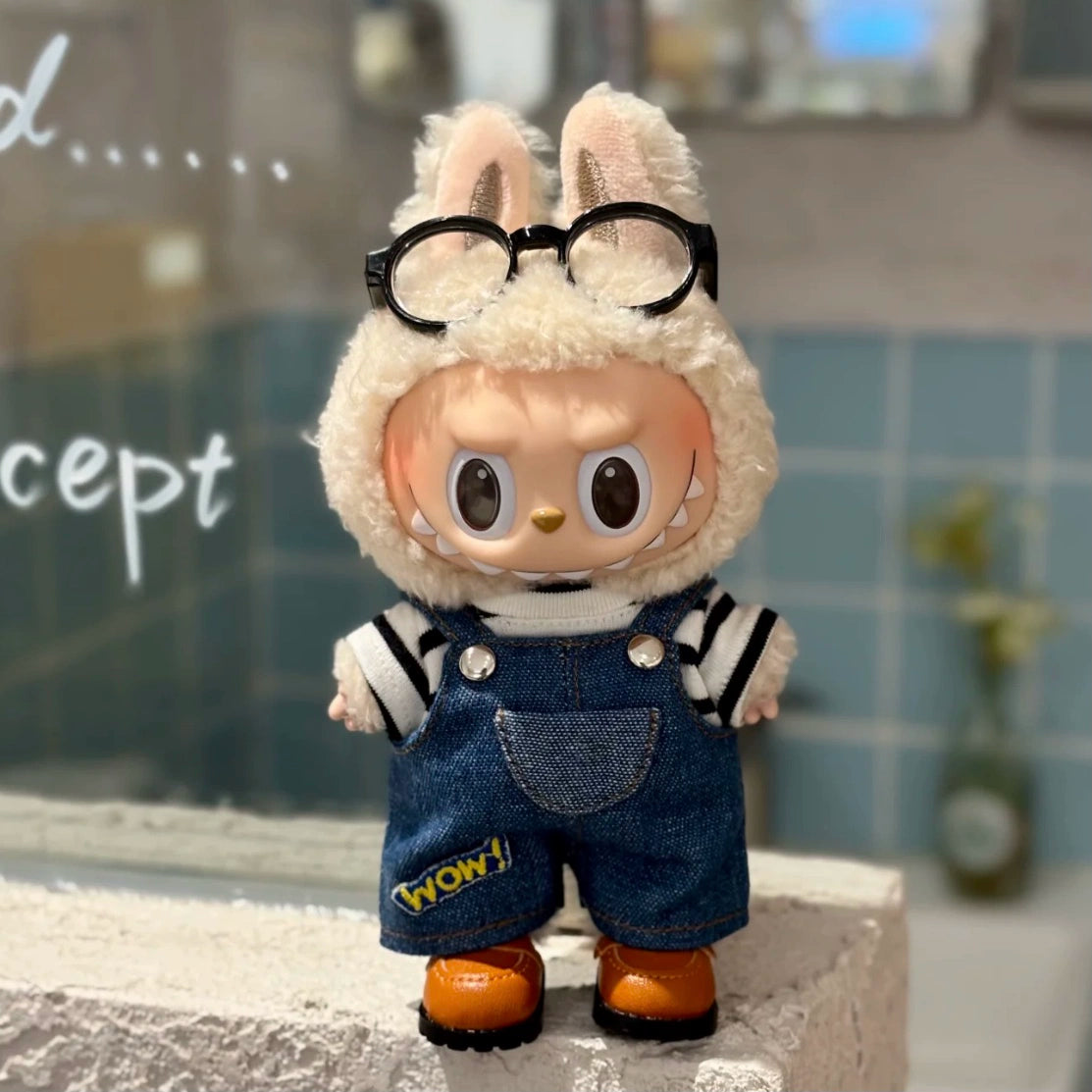 17cm Labubu Gen 1-3 Handmade Striped Denim Overalls Set | Vinyl/Plush-Compatible Clothes Only with Metal Buttons for Collectible Dolls