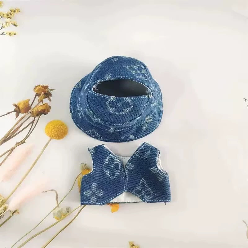 17cm/15cm Labubu Gen 1-2 Handmade Embroidered Clover Denim Hat Set | Vinyl/Plush-Compatible Clothes Only with Detachable Keychain Charm for Seated/Standing Dolls