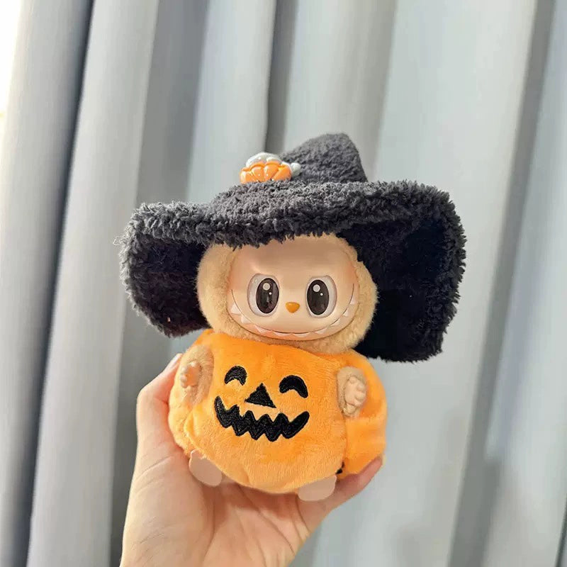 Labubu Pumpkin Costume Set - 17cm Jumpsuit with Oversized Witch Hat for Vinyl Dolls