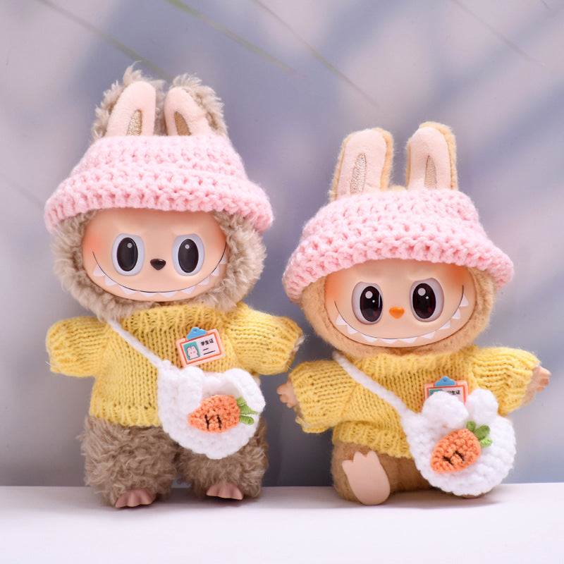Labubu Series 1/2 Outfit - Brown Knit Sweater Set w/ Hat & Bag for Keychain Doll
