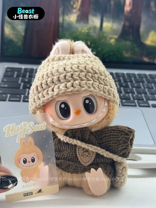 POP MART Labubu 17cm Doll Clothes - Brown Bear Knit Sweater w/Crossbody Bag for Gen 1/2/3 Figures (No Doll Included) | Cotton & Vinyl Keychain Outfit