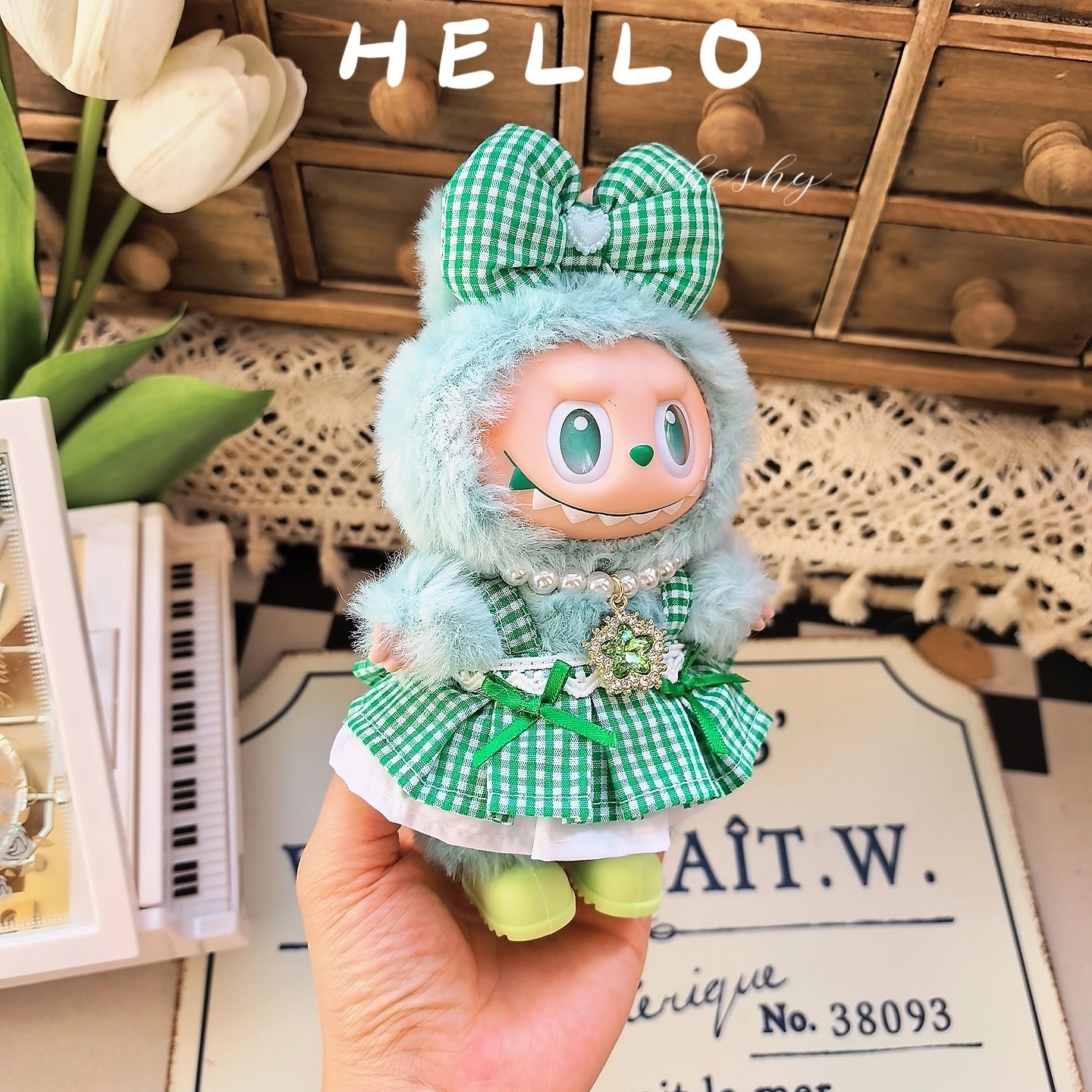 17cm Labubu Gen1-3 Elf Outfit - Green Dress & Hair Clip for Vinyl Doll Clothes