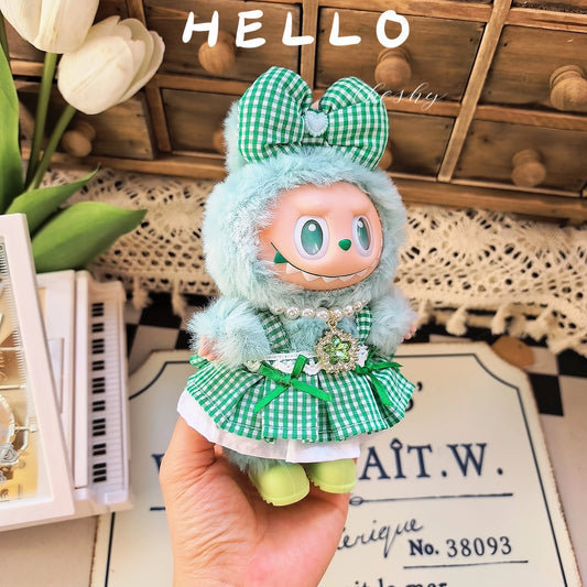 17cm Labubu Gen1-3 Elf Outfit - Green Dress & Hair Clip for Vinyl Doll Clothes