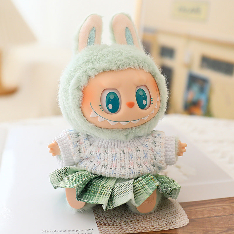 LABUBU Clothes Set, Crochet 4-Piece Set Hat Clothes Cell Phone Backpack, Stylish Adorable Dolls Clothes Accessories (No Doll) (Green)