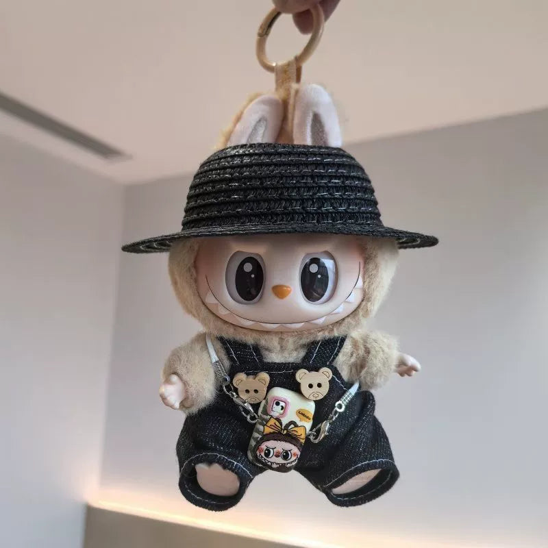 17cm Labubu Denim Overalls Hat Set & Phone Strap for Keychain Doll Accessories