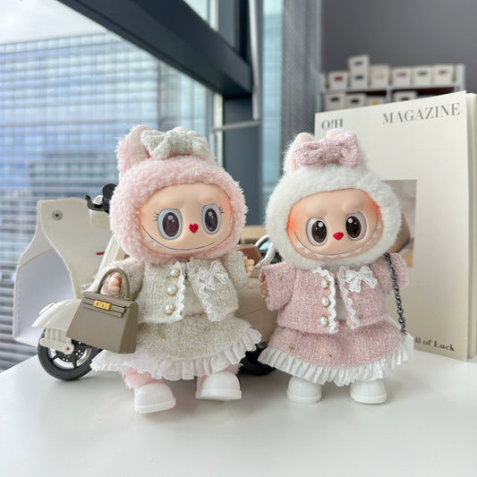 POP MART Labubu 17cm Doll Clothes - Pink Chanel-Style 4-Piece Set w/Purse for Blind Box Figures (No Doll Included) | Luxury Vinyl Keychain Outfit