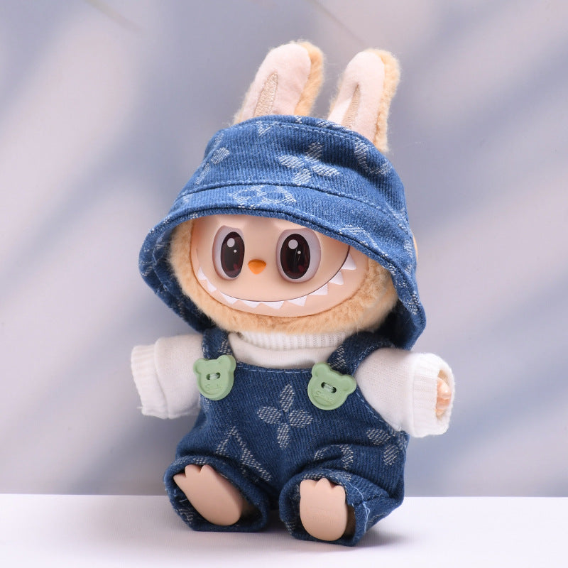 Labubu Series 1/2 Outfit - Printed Overalls & Hat for Keychain Doll Clothes Streetwear