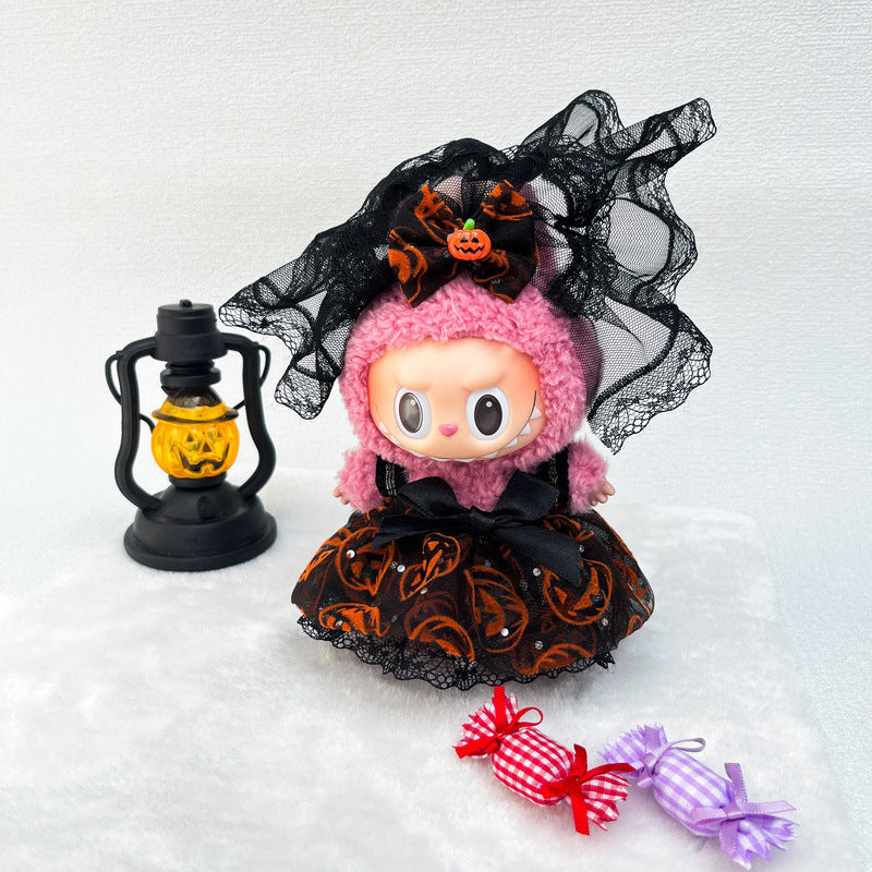 Spooky Bride Labubu Outfit - Lace Trimmed Pumpkin Pattern Black Dress with Detachable Veil (No Doll)
