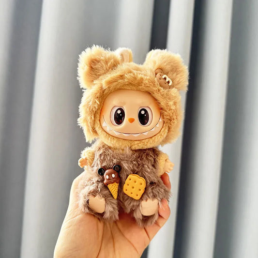 POP MART Labubu Doll Clothes - Teddy Bear Overalls Set for Gen 1/2 Vinyl Figures 17cm (No Doll Included) | Biscuit-Themed Blind Box Keychain Outfit