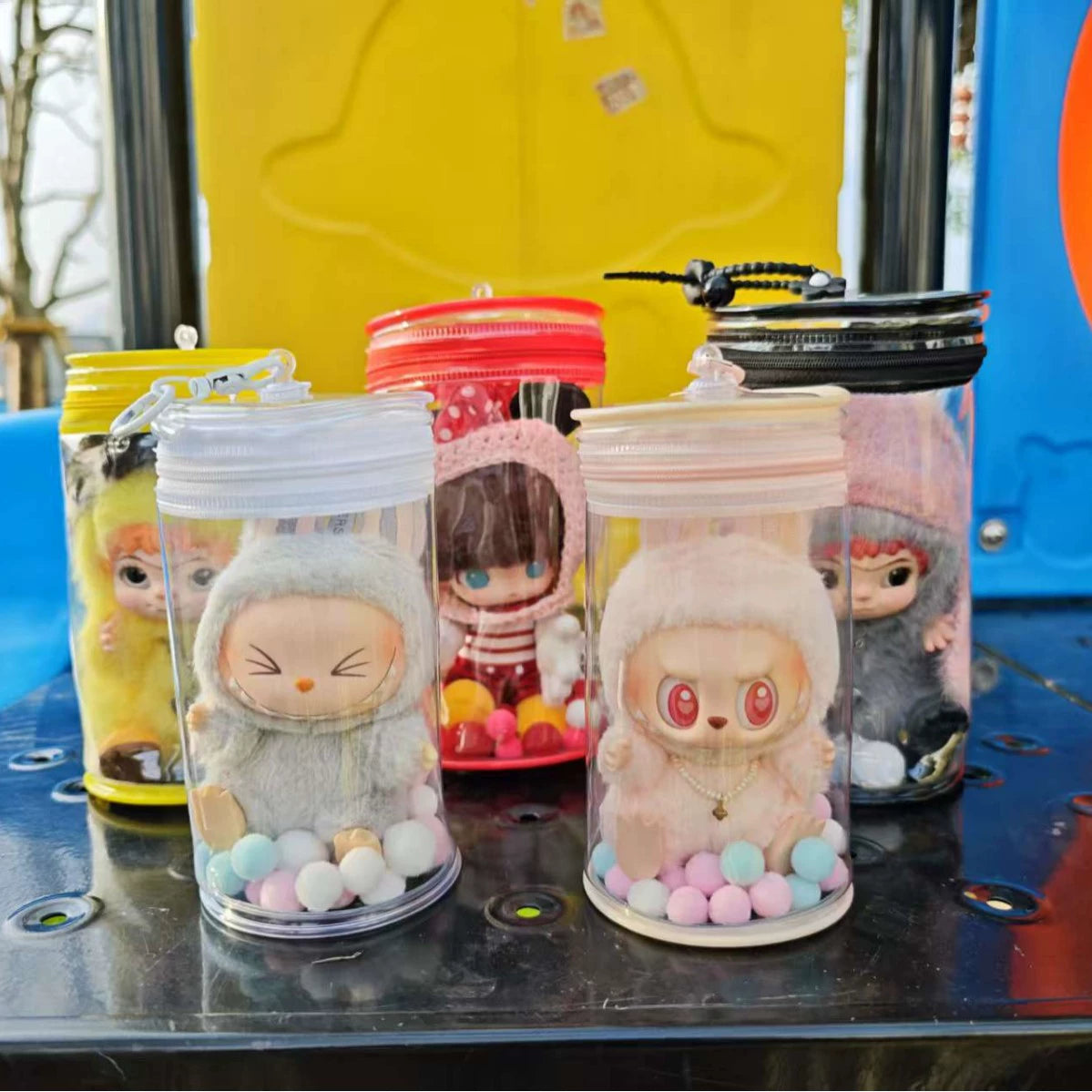 Labubu Doll Storage Bag - Red & Transparent Thick Canvas Cylinder Case