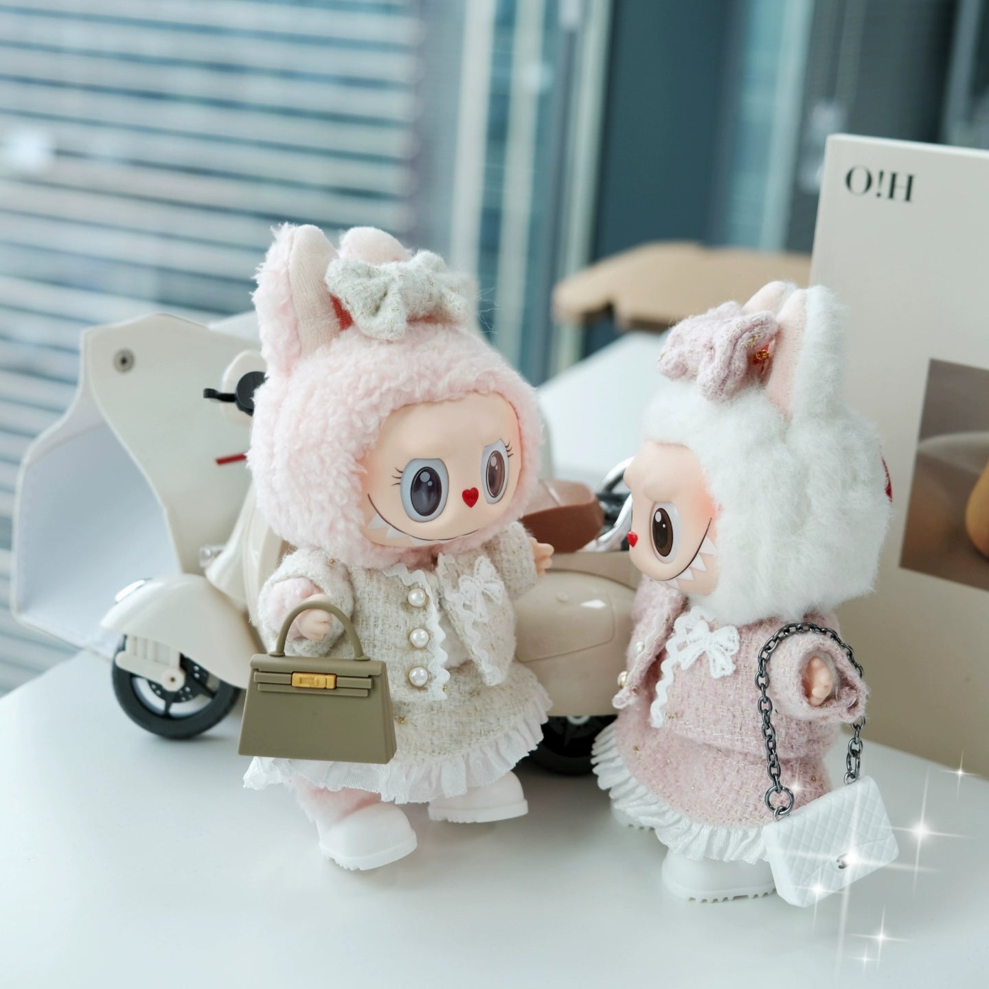 POP MART Labubu 17cm Doll Clothes - Pink Chanel-Style 4-Piece Set w/Purse for Blind Box Figures (No Doll Included) | Luxury Vinyl Keychain Outfit