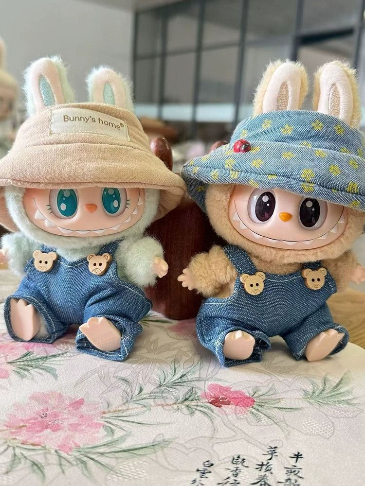 Labubu Denim Overalls Set - Cute Jumpsuit & Fisherman Hat for Vinyl Doll Clothes