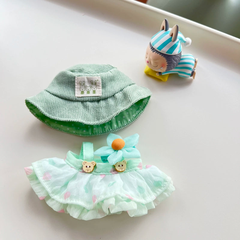 Labubu Have a Seat Series Summer Dress Set - for 17cm Plush Doll Tulle Dress & Floral Bonnet
