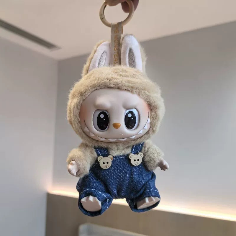 17cm Labubu Denim Overalls Hat Set & Phone Strap for Keychain Doll Accessories