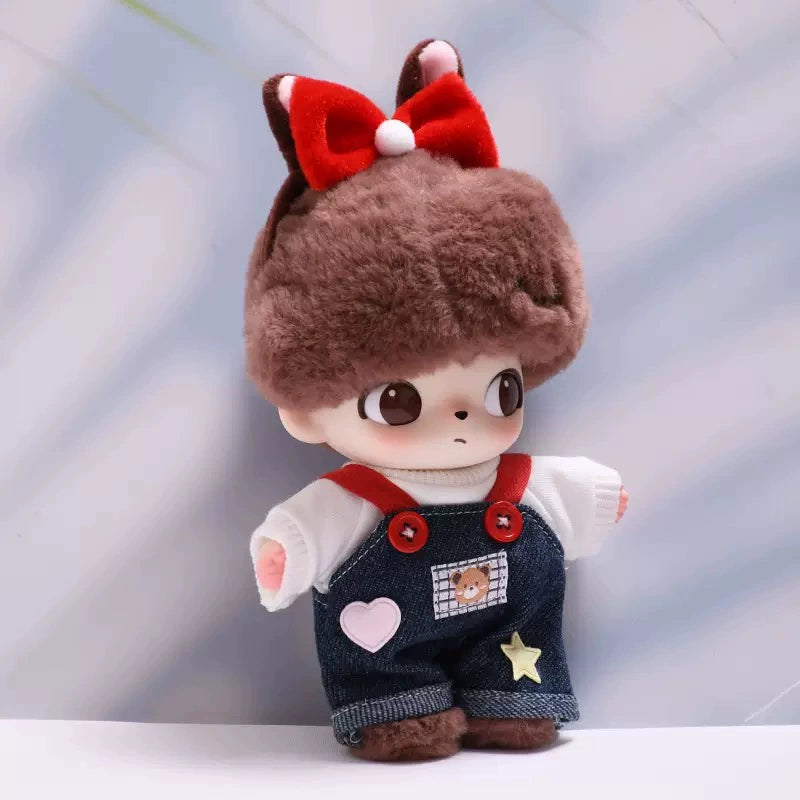 DIMOO WORLD Plush Keychain Doll Outfit - Star Denim Overalls & Red Bow Set for Labubu Doll Clothes
